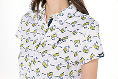 レモンとレモネードをプリントした、POPで遊び心溢れるデザインシャツ。小さめの襟や、5ボタン使いなど、女性らしいディテールも特徴。